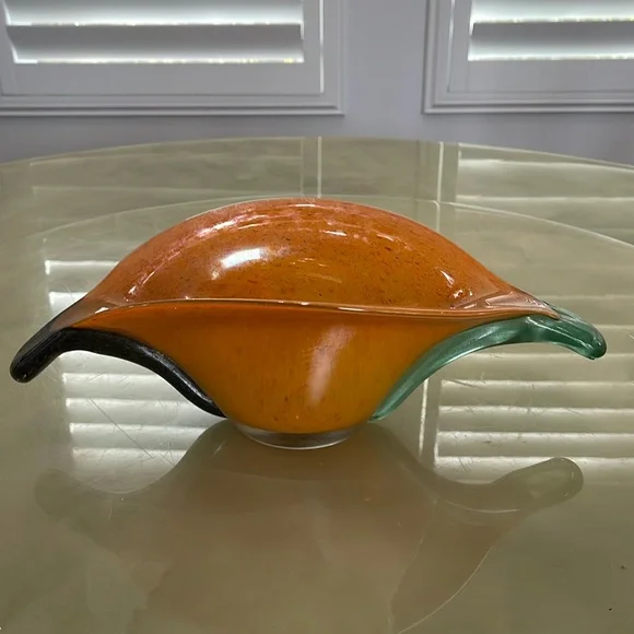 Handmade Blown Glass Vase Candy Bowl Orange Iridescent